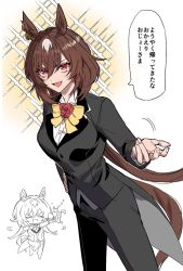 Rule 34 | 1girl, animal ears, black jacket, black pants, bow, brown hair, buttons, chibi, chibi inset, formal, hand on own hip, horse ears, horse tail, jacket, long hair, long sleeves, meumiharagane, motion lines, open mouth, outstretched arm, pant suit, pants, reaching, reaching towards viewer, red eyes, shirt, sirius symboli (umamusume), smile, solo, sparkle, speech bubble, suit, tail, tailcoat, talking, translation request, umamusume, white shirt, yellow bow