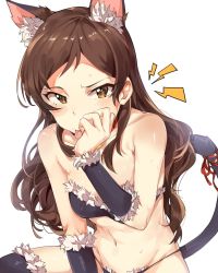 Rule 34 | 1girl, :p, animal ears, bare shoulders, black panties, black thighhighs, blush, bright pupils, brown eyes, brown hair, cat ears, cat tail, collarbone, fur-trimmed legwear, fur trim, groin, hand on own face, highres, idolmaster, idolmaster cinderella girls, kemonomimi mode, lightning bolt symbol, long hair, looking at viewer, navel, panties, parted bangs, red ribbon, ribbon, shiny skin, simple background, sitting, slit pupils, solo, stomach, strapless, sweat, tachibana arisu, tail, tail ornament, tail ribbon, thighhighs, tongue, tongue out, tube top, tuxedo de cat, underwear, underwear only, white background