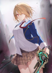 Rule 34 | 1girl, absurdres, angry, bare legs, blazer, blonde hair, blouse, blue jacket, blurry, blurry background, breasts, brown skirt, commentary request, cowboy shot, gold trim, hair over one eye, heaven burns red, highres, holding, holding sword, holding weapon, jacket, kayamori ruka, large breasts, long sleeves, looking at viewer, necktie, outdoors, plaid, plaid skirt, red eyes, red necktie, shin no tenpii, shirt, short hair, skirt, solo, sword, weapon, white shirt