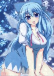 Rule 34 | 1girl, alternate hair length, alternate hairstyle, blue eyes, blue hair, blush, bow, breasts, cirno, cleavage, hair bow, large breasts, long hair, looking at viewer, masiromu, matching hair/eyes, aged up, open mouth, short hair, solo, touhou, untied, very long hair