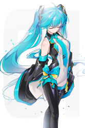 Rule 34 | 1girl, ahoge, aqua necktie, arms behind back, bare shoulders, black jacket, black sleeves, black thighhighs, closed eyes, commentary, covered navel, crossed legs, detached sleeves, facing down, feet out of frame, floating hair, hair ornament, hatsune miku, highres, jacket, leotard, long hair, necktie, shoulder tattoo, sleeveless, sleeveless jacket, solo, tattoo, thighhighs, twintails, twitter username, very long hair, vocaloid, wanaxtuco, watson cross, white background, white leotard