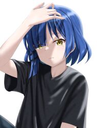 Rule 34 | 1girl, absurdres, arm up, black shirt, blue hair, bocchi the rock!, closed mouth, earrings, highres, jewelry, knee up, looking at viewer, midori mushi, mole, mole under eye, shirt, simple background, sitting, solo, t-shirt, white background, yamada ryo, yellow eyes