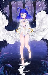 Rule 34 | 1girl, bad id, bad pixiv id, barefoot, blue hair, breasts, choker, cleavage, crescent moon, floating clothes, forest, full body, hair ornament, hair rings, li.b (liebenib), liby (libtnvd), long hair, looking at viewer, moon, nature, original, outdoors, pointy ears, reflection, solo, tree, wide sleeves