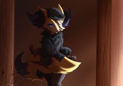 Rule 34 | 1girl, absurdres, alternate color, alternate shiny pokemon, animal ear fluff, animal ears, animal nose, arm at side, artist name, bandaged head, bandages, belt, black bow, black coat, black fur, black gloves, black shirt, blue eyes, body fur, bottomless, bow, braixen, breasts, bright pupils, brown background, clothed pokemon, coat, commission, creatures (company), dark, fang, female focus, flat cap, fox ears, fox girl, fox tail, furry, furry female, game freak, gen 6 pokemon, gloves, hand up, hat, hat bow, highres, legs together, long sleeves, looking at viewer, mouth hold, multicolored fur, nintendo, one eye covered, pokemon, pokemon (creature), sheath, sheathed, shirt, skin fang, small breasts, smoothpen, snout, solo, standing, stick, tail, watermark, white fur, white pupils, yellow fur