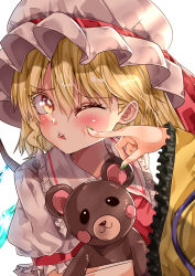 Rule 34 | 2girls, absurdres, blonde hair, blouse, blush, breasts, cheek poking, collared shirt, commentary request, crystal, flandre scarlet, frilled shirt collar, frilled sleeves, frills, green nails, hair between eyes, hat, hat ribbon, highres, holding, holding stuffed toy, komeiji koishi, long sleeves, mahoro (minase mahoro), medium hair, mob cap, multiple girls, nail polish, open mouth, orange eyes, poking, puffy short sleeves, puffy sleeves, red ribbon, red vest, ribbon, shirt, short sleeves, small breasts, stuffed animal, stuffed toy, teddy bear, teeth, touhou, upper body, upper teeth only, vest, white background, white headwear, white shirt, wide sleeves, wings, yellow shirt