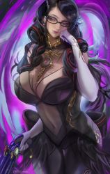 Rule 34 | 1girl, absurdres, bayonetta, bayonetta (series), bayonetta 3, black hair, braid, breasts, clothing cutout, earrings, eyeshadow, glasses, gloves, gun, highres, jewelry, large breasts, lipstick, long hair, looking at viewer, makeup, mole, mole under mouth, multicolored hair, nintendo, oscuroii, red hair, ribbon, simple background, smile, solo, streaked hair, twin braids, weapon