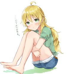 Rule 34 | 1girl, bare legs, barefoot, blonde hair, blue shorts, blush, commentary request, curly hair, full body, green eyes, green shirt, hair between eyes, hoshii miki, idolmaster, idolmaster (classic), idolmaster million live!, idolmaster million live! theater days, knees together feet apart, knees up, hugging own legs, legs, long hair, looking at viewer, meno (imas ll), no shoes, pout, shirt, short shorts, shorts, simple background, sitting, solo, tears, translation request, very long hair, white background