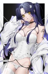 1girl, armpit crease, bangs, black background, black ribbon, blue hair, border, breasts, choker, collarbone, corset, ear piercing, eyebrows visible through hair, frilled panties, frills, garter straps, highres, holding, holding hair, industrial piercing, jacket, jacket removed, large breasts, latin cross, long hair, mole, mole on breast, mole under eye, original, panties, parted bangs, parted lips, piercing, razor blade, ribbon, ringed eyes, signature, simple background, sleeves past fingers, sleeves past wrists, tattoo, two side up, underwear, unxi, vega (unxi), white border, white legwear, white panties, yellow eyes