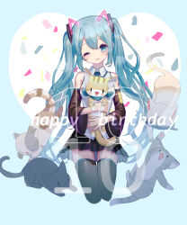 Rule 34 | 1girl, absurdres, animal, black skirt, black thighhighs, blue eyes, blue hair, blue necktie, blush, bunuojiang, cat, closed mouth, fish, happy birthday, hatsune miku, highres, holding, holding animal, long hair, necktie, one eye closed, skirt, smile, solo, thighhighs, twintails, vocaloid