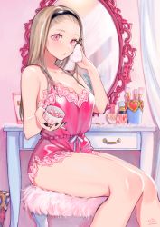 Rule 34 | 1girl, absurdres, bad id, bad pixiv id, bare shoulders, black hairband, black nails, blush, breasts, brown hair, camisole, cleavage, commentary, cosmetics, eyelashes, eyeliner, eyeshadow, fingernails, hairband, hand to head, highres, indoors, legs, long fingernails, looking at viewer, lotion, makeup, makeup brush, medium breasts, mirror, mole, mole under mouth, nail polish, original, parted lips, perfume (cosmetics), pink hair, signature, sitting, solo, table, thighs, uni (melm), vanity table