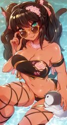 Rule 34 | 1girl, animal, animal ears, warrior of light (ff14), bare shoulders, bikini, bird, black bikini, breasts, brown hair, cat ears, cat tail, cleavage, clothing request, collarbone, feet out of frame, final fantasy, final fantasy xiv, flower, green eyes, hand up, highres, large breasts, long hair, merunyaa, miqo&#039;te, navel, original, penguin, pink flower, shiny skin, sitting, skindentation, slit pupils, solo, sparkle, stomach, sunglasses, swimsuit, tail, water