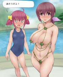 Rule 34 | 10s, 2girls, abubu, age difference, areola slip, bikini, blush, breasts, dead or alive, dead or alive xtreme, female focus, heart, hoshizora ikuyo, hoshizora miyuki, japanese text, large breasts, looking at viewer, mature female, micro bikini, mother and daughter, multiple girls, navel, o o, one-piece swimsuit, outdoors, pink eyes, pink hair, precure, revealing clothes, short hair, small breasts, smile, smile precure!, standing, swimsuit, text focus, thighhighs, translated, venus bikini