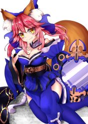 Rule 34 | 1girl, absurdres, animal ear fluff, animal ears, artist request, bare shoulders, blue kimono, blue ribbon, blue thighhighs, breasts, cleavage, commentary, commentary request, detached sleeves, fang, fate/grand order, fate (series), fox ears, fox girl, fox tail, hair ribbon, hand on own chest, highres, japanese clothes, kimono, large breasts, looking at viewer, mirror, pink hair, ribbon, skin fang, solo, suiten nikkou amaterasu yanoshisu ishi, tail, tamamo (fate), tamamo no mae (fate/extra), thighhighs, yellow eyes