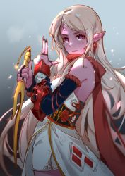 Rule 34 | 1girl, black nails, blonde hair, colored skin, dungeon and fighter, earrings, flower knot, from side, hands up, holding, holding weapon, jewelry, long hair, looking at viewer, meinoss, multiple rings, nail polish, pink skin, pointy ears, purple eyes, ring, solo, weapon