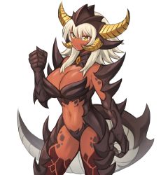Rule 34 | 1girl, absurdres, borrowed character, breasts, cleavage, commentary, dark-skinned female, dark skin, dragon girl, dragon tail, english commentary, hair between eyes, highres, horns, large breasts, long hair, looking at viewer, monster girl, navel, original, scales, second-party source, simple background, slit pupils, solo, sookmo, spikes, tail, white background, white hair, yellow eyes