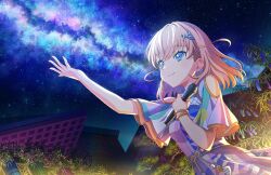 Rule 34 | 1girl, blue dress, blue eyes, closed mouth, clothing cutout, crossed bangs, dress, dutch angle, eye reflection, game cg, genyo yako (love live!), green dress, hair ornament, hairclip, highres, hinoshita kaho, holding, holding microphone, link! like! love live!, looking up, love live!, medium hair, microphone, multicolored clothes, multicolored dress, multiple bracelets, nebula, night, night sky, official art, orange hair, outdoors, outstretched arm, reflection, short sleeves, shoulder cutout, sky, smile, solo, split mouth, star (sky), starry sky, third-party source, two side up, upper body, virtual youtuber, white dress, wide sleeves