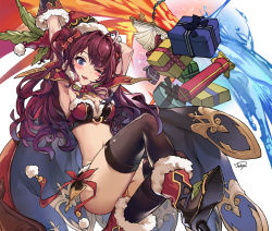 Rule 34 | 1girl, :3, ahoge, armpits, arms up, black gloves, black thighhighs, blue eyes, blush, boots, box, breasts, brown hair, cape, clarisse (granblue fantasy), clarisse (granblue fantasy) (cosplay), commentary request, cosplay, gift, gift box, gloves, granblue fantasy, hat, high heel boots, high heels, ichinose shiki, idolmaster, idolmaster cinderella girls, long hair, navel, one eye closed, santa hat, sjh, skirt, smile, solo, thighhighs, twintails, two side up