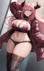 Rule 34 | 1girl, :o, black footwear, black panties, blush, boots, breasts, brown thighhighs, cleavage, commentary request, hand up, highres, horns, jacket, large breasts, long hair, long sleeves, looking at viewer, navel, oekakizuki, open clothes, open jacket, open mouth, original, panties, pink eyes, pink hair, sleeves past fingers, sleeves past wrists, solo, sports bra, thick thighs, thigh boots, thighhighs, thighhighs under boots, thighs, underwear