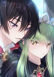Rule 34 | 1boy, 1girl, absurdres, black fur, black hair, blush, budgiepon, c.c., close-up, coat, code geass, commentary, cosplay, expressionless, eyes visible through hair, fur-trimmed coat, fur trim, genshin impact, green hair, hair between eyes, heads together, hetero, highres, lelouch vi britannia, light particles, long hair, looking at another, lower teeth only, nose, parted lips, purple eyes, sandrone (genshin impact), sandrone (genshin impact) (cosplay), short hair, sidelocks, teeth, white headdress, yellow eyes