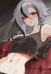Rule 34 | 1girl, absurdres, arlecchino (genshin impact), black eyes, black hair, black hands, black tank top, breasts, colored extremities, crop top, frown, genshin impact, gradient skin, grey hair, hair between eyes, highres, looking at viewer, multicolored hair, navel, red pupils, rosebell, small breasts, solo, stomach, streaked hair, symbol-shaped pupils, tank top, upper body, x-shaped pupils