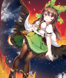 Rule 34 | 1girl, arm cannon, bad id, bad pixiv id, bird wings, black thighhighs, black wings, bow, breasts, brown hair, cape, fire, hair bow, highres, large breasts, long hair, papo, puffy short sleeves, puffy sleeves, red eyes, reiuji utsuho, shirt, short sleeves, skirt, smile, solo, space, thighhighs, third eye, touhou, weapon, wings, zettai ryouiki