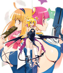 Rule 34 | 3girls, arms behind back, bat wings, blonde hair, breasts, bright pupils, cleavage, cleavage cutout, clothing cutout, demon girl, demon tail, earrings, elbow gloves, covered erect nipples, female focus, full body, gloves, gun, halterneck, holding, horns, huge breasts, jewelry, multiple girls, nail polish, o-ring, original, panties, profile, purple eyes, ryoji (nomura ryouji), sideboob, smile, star (symbol), tail, thighhighs, torn clothes, twintails, underwear, weapon, white legwear, white panties, wings