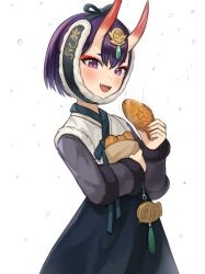 Rule 34 | 1girl, absurdres, alternate costume, bag, blush, commentary request, eyeliner, fangs, fate/grand order, fate (series), flat chest, food, fur-trimmed jacket, fur trim, hanbok, headpiece, headwear request, highres, holding, holding bag, holding food, horns, hugging object, jacket, korean clothes, korean commentary, long sleeves, looking at viewer, looking to the side, makeup, nail polish, open mouth, paper bag, pink nails, purple eyes, purple hair, short hair, shuten douji (fate), simple background, skin-covered horns, slit pupils, smile, snowing, solo, sookmo, steam, taiyaki, tassel, triangle mouth, wagashi, white background