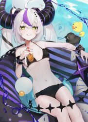 Rule 34 | 1girl, absurdres, ahoge, bikini, black bikini, blush, breasts, closed mouth, crow (la+ darknesss), cuffs, cup, daiiichukiii, demon horns, drinking straw, feet out of frame, hair between eyes, halterneck, highres, holding, holding cup, hololive, horns, innertube, la+ darknesss, long hair, looking at viewer, lying, on back, purple hair, rubber duck, small breasts, smile, solo, string bikini, swim ring, swimsuit, twintails, virtual youtuber, water, white hair, yellow eyes