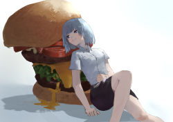 Rule 34 | 1girl, absurdres, bare arms, bare legs, blue eyes, blue hair, blunt bangs, breasts, burger, cheese, closed mouth, collared shirt, commentary request, food, food focus, frs, highres, knee up, leaning back, lettuce, light particles, original, shadow, shirt, short sleeves, simple background, sitting, smile, solo, tomato, white background, white shirt