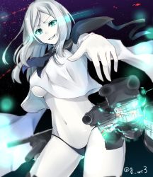 Rule 34 | 10s, 1girl, abyssal ship, bad id, bad pixiv id, breast slip, breasts, colored skin, female focus, gluteal fold, gradient background, green eyes, grin, kantai collection, large breasts, long hair, looking at viewer, navel, navy (navy.blue), one breast out, outstretched arm, pale skin, silver hair, smile, solo, ta-class battleship, thighhighs, underboob, underwear, white skin