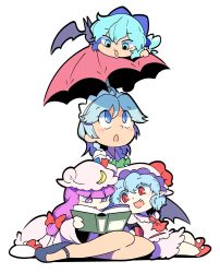 Rule 34 | 4girls, :d, :o, ahoge, bad id, bad twitter id, blue bow, blue eyes, blue footwear, blue hair, blunt bangs, book, bow, braid, cirno, colored eyelashes, dress, fang, frilled hat, frills, green bow, hair between eyes, hair bow, hair ribbon, hat, hat ribbon, headdress, highres, ice, ice wings, izayoi sakuya, long hair, looking down, looking up, mob cap, moyazou (kitaguni moyashi seizoujo), multiple girls, open book, open mouth, patchouli knowledge, pointy ears, purple eyes, purple hair, reading, red bow, red eyes, red footwear, red ribbon, red umbrella, remilia scarlet, ribbon, shirt, shoes, short hair, simple background, sitting, skirt, smile, touhou, tress ribbon, twin braids, umbrella, white background, white dress, white hat, white shirt, white skirt, wide sleeves, wings, yokozuwari