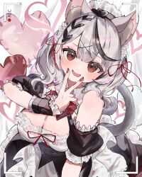 Rule 34 | 1girl, absurdres, alternate costume, animal ear fluff, animal ears, black hair, blush, braid, braided bangs, breasts, cat ears, cat tail, center-flap bangs, cleavage, clip studio paint (medium), commentary request, cowboy shot, double-parted bangs, dress, enmaided, grey hair, hair ornament, hand up, highres, hololive, kemonomimi mode, large breasts, looking at viewer, maid, maid headdress, medium hair, multicolored hair, nail polish, neck ribbon, open mouth, recording, red eyes, red nails, red ribbon, ribbon, sakamata chloe, shitara sunoko, short sleeves, sidelocks, smile, solo, standing, streaked hair, tail, v, v over mouth, viewfinder, virtual youtuber, white dress, wrist cuffs, x hair ornament