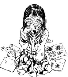 Rule 34 | 1girl, absurdres, bandages, bandaid, bandaid on face, bandaid on forehead, bandaid on hand, blood, blush, bomhat, bruise, bruise on face, bullying, commentary, english commentary, glasses, greyscale, highres, injury, long sleeves, looking at viewer, monochrome, neckerchief, nosebleed, note, original, pencil case, sailor collar, school uniform, serafuku, shirt, simple background, sitting, skirt, solo, wariza, white background