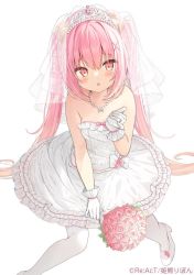 Rule 34 | 1girl, :o, bare arms, bare shoulders, blush, bouquet, bridal veil, bride, commentary request, copyright notice, dress, fang, flower, frilled dress, frills, gloves, hair between eyes, hair ornament, high heels, himekuma ribon, holding, holding bouquet, long hair, looking at viewer, official art, pantyhose, parted lips, pink flower, pink hair, pink rose, re:act, red eyes, rose, saeki sora, see-through, shoes, simple background, sitting, solo, strapless, strapless dress, tiara, twintails, veil, very long hair, virtual youtuber, wedding dress, white background, white dress, white footwear, white gloves, white pantyhose, x hair ornament