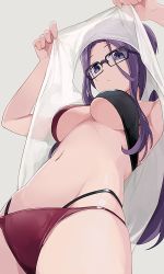 Rule 34 | 1girl, armpits, arms up, bikini, bikini under clothes, black-framed eyewear, breasts, closed mouth, clothes lift, commentary request, foreshortening, from below, glasses, highres, hiroki (yyqw7151), kagamihara sakura, large breasts, lifting own clothes, long hair, looking at viewer, looking down, navel, purple eyes, purple hair, shirt lift, sleeveless, solo, standing, stomach, swimsuit, two-tone bikini, underboob, upshirt, yurucamp