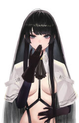 Rule 34 | 1girl, absurdres, antenna hair, arknights, ascot, belt, belt buckle, black ascot, black eyes, black gloves, black hair, black sleeves, black straps, blunt bangs, bondage outfit, breasts, buckle, buttons, c1718259, chinese commentary, cleavage, collared jacket, commentary request, covered erect nipples, covering own mouth, cropped jacket, expressionless, eyelashes, eyeshadow, gloves, hand on own stomach, hand to own mouth, hand up, highres, hime cut, jacket, layered sleeves, long hair, long sleeves, looking at viewer, makeup, medium breasts, navel, no bra, outstretched hand, pale skin, red eyeshadow, short over long sleeves, short-sleeved jacket, short sleeves, sidelocks, simple background, skinny, solo, stomach, strap, underboob, upper body, variant set, very long hair, virtuosa (arknights), white background, white belt, white jacket, wide sleeves