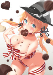 Rule 34 | 10s, 1girl, absurdres, anchor hair ornament, blonde hair, blush, breast hold, breasts, candy, chocolate, chocolate heart, chocolate on body, chocolate on breasts, chocolate on face, food, food on body, food on face, gradient background, green eyes, hair ornament, hat, heart, highres, kantai collection, large breasts, long hair, looking at viewer, low twintails, md5 mismatch, mirea, mouth hold, naked ribbon, navel, peaked cap, pointing, pointing at self, prinz eugen (kancolle), renka (llawliet39), ribbon, smile, solo, striped ribbon, twintails, valentine