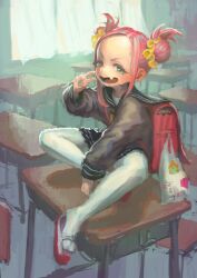 Rule 34 | 1girl, backpack, bag, cardigan, classroom, commentary request, curtains, desk, double bun, fang, forehead, green eyes, grin, hair bun, hair ornament, hair scrunchie, highres, indoors, jonpei, long hair, looking at viewer, neckerchief, on desk, original, pantyhose, pink hair, randoseru, red bag, sailor collar, school bag, school desk, school uniform, scrunchie, serafuku, shoes, short eyebrows, sitting, on desk, sketch, skin fang, skirt, smile, solo, uwabaki, v, white pantyhose, window