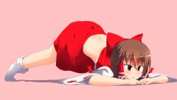 Rule 34 | 1girl, blouse, bow, brown hair, commentary, cookie (touhou), detached sleeves, frilled hair tubes, frills, full body, hair between eyes, hair bow, hair tubes, hakurei reimu, hands on ground, highres, jack-o&#039; challenge, kurotsuki hiiragi, no shoes, open mouth, pink background, red bow, red eyes, red shirt, red skirt, reu (cookie), ribbon-trimmed sleeves, ribbon trim, shirt, short hair, simple background, skirt, sleeveless, sleeveless shirt, socks, solo, spread legs, top-down bottom-up, touhou, white sleeves, white socks, wide spread legs