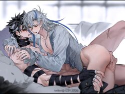 Rule 34 | 2boys, anal fingering, blush, disheveled, disheveled hair, fingering, genshin impact, holding person, multiple boys, neuvillette (genshin impact), np (1231 0720), on bed, open clothes, open shirt, sex, sex from behind, twitter, wriothesley (genshin impact), yaoi
