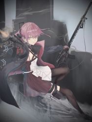 Rule 34 | absurdres, ar-15, artist name, assault rifle, asymmetrical legwear, black footwear, black jacket, black legwear, breasts, character name, closed mouth, commentary request, dress, firing, girls&#039; frontline, gloves, gun, hair ornament, hairclip, hetare galm sue, highres, holding, holding weapon, holster, jacket, long hair, long jacket, looking away, mask, mod3 (girls&#039; frontline), mouth mask, multiple weapons, muzzle, muzzle flash, outdoors, pink dress, pink hair, ponytail, pouch, purple eyes, red gloves, rifle, serious, shoes, sidelocks, single thighhigh, slide, small breasts, st ar-15 (girls&#039; frontline), st ar-15 (mod3) (girls&#039; frontline), thigh pouch, thighhighs, weapon