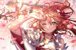 Rule 34 | 1girl, ;), ahoge, bare shoulders, bell, blush, breasts, cherry blossom print, cherry blossoms, detached sleeves, floral print, green eyes, hair bell, hair between eyes, hair ornament, hairclip, hand up, highres, hikosan, hololive, japanese clothes, kimono, long hair, looking at viewer, nontraditional miko, one eye closed, one side up, open mouth, pink hair, sakura miko, sakura miko (1st costume), smile, solo, sunlight, virtual youtuber, x hair ornament