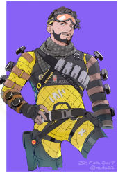 Rule 34 | 1boy, animification, apex legends, black gloves, black hair, black scarf, bodysuit, border, dated, facial hair, fingerless gloves, gloves, goatee, goggles, goggles on head, hair behind ear, hand on own hip, highres, looking up, male focus, mirage (apex legends), mudu, open mouth, outside border, plaid, plaid scarf, purple background, scarf, solo, twitter username, white border, yellow bodysuit