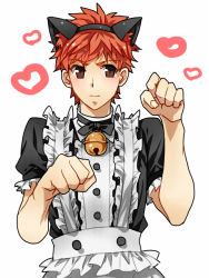Rule 34 | 1boy, alternate costume, animal ears, bad id, bad pixiv id, bell, blush, brown eyes, collar, crossdressing, emiya shirou, enmaided, fake animal ears, fate/stay night, fate (series), heart, maid, male focus, mitsuki mitsuno, neck bell, paw pose, red hair, simple background, solo, white background