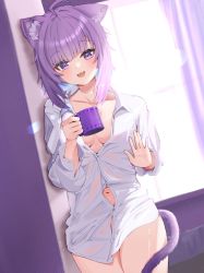 Rule 34 | 1girl, :3, ahoge, animal ear fluff, animal ears, backlighting, breasts, cat ears, cat girl, cat tail, cleavage, collarbone, collared shirt, commentary request, cowboy shot, cup, dress shirt, drink, highres, holding, holding cup, hololive, indoors, long sleeves, medium breasts, medium hair, naked shirt, navel, nekomata okayu, nekomata okayu (oversized shirt), open mouth, purple eyes, purple hair, purple tail, see-through, see-through shirt, shirt, short hair, sidelocks, solo, standing, tail, tail around own leg, thighs, torakichi 888, virtual youtuber, white shirt, window