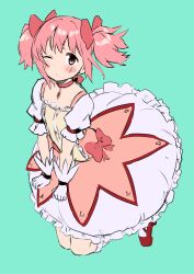 Rule 34 | 1girl, absurdres, aqua background, blush, bow, bubble skirt, choker, cocoa (ultra mdk), commentary, commentary request, frilled socks, frills, gloves, hair bow, highres, kaname madoka, kneehighs, knees up, looking at viewer, magical girl, mahou shoujo madoka magica, mahou shoujo madoka magica (anime), one eye closed, pink eyes, pink hair, puffy short sleeves, puffy sleeves, red bow, red choker, red footwear, ribbon choker, shoes, short hair, short sleeves, short twintails, simple background, skirt, socks, solo, soul gem, twintails, white gloves, white socks