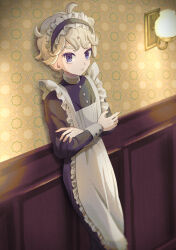 Rule 34 | 1boy, against wall, alternate costume, apron, bede (pokemon), blonde hair, buttons, closed mouth, commentary request, creatures (company), crossdressing, curly hair, dress, enmaided, game freak, hairband, headdress, highres, indoors, kinawara (a haxtu), long sleeves, looking at viewer, maid, male focus, nintendo, pokemon, pokemon swsh, short hair, solo, standing