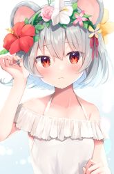 Rule 34 | 1girl, animal ears, bare shoulders, blush, closed mouth, collarbone, flower, hair flower, hair ornament, highres, looking at viewer, mouse ears, nazrin, nnyara, pink flower, red eyes, red flower, solo, touhou, upper body