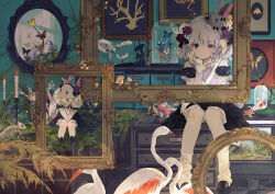Rule 34 | 1girl, animal ears, bad id, bad pixiv id, balabling, bird, blue eyes, bug, butterfly, candle, gloves, hand on own face, heterochromia, insect, original, picture frame, purple eyes, rabbit ears, shoes, socks, white gloves, white hair