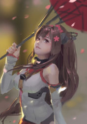 Rule 34 | 10s, 1girl, backlighting, blurry, breasts, brown eyes, brown hair, cherry blossoms, depth of field, detached sleeves, flower, grey background, hair flower, hair ornament, headgear, highres, holding, holding umbrella, kantai collection, knd, large breasts, lips, long hair, looking up, nose, oil-paper umbrella, outdoors, parted lips, petals, ponytail, realistic, sideways glance, solo, umbrella, upper body, very long hair, yamato (kancolle)